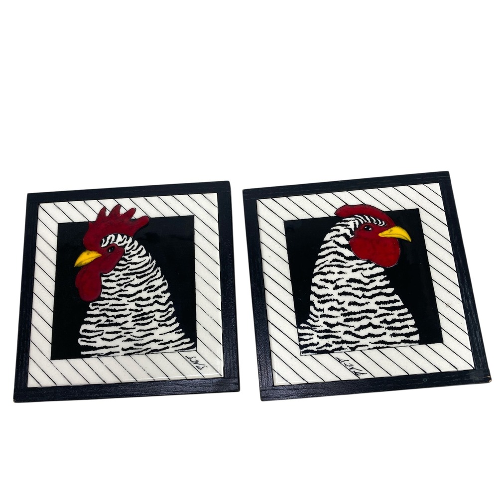 2 Susan Lilly Handmade Tile Rooster Wall Decor Art Black White Red Farmhouse‎